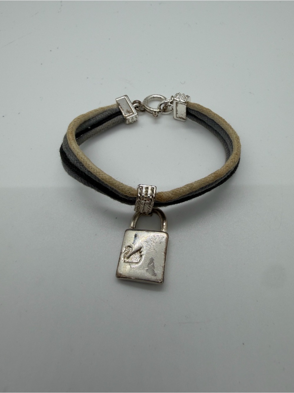 Authentic Swarovski Multi-Strand Cord Padlock Swan Charm Bracelet
